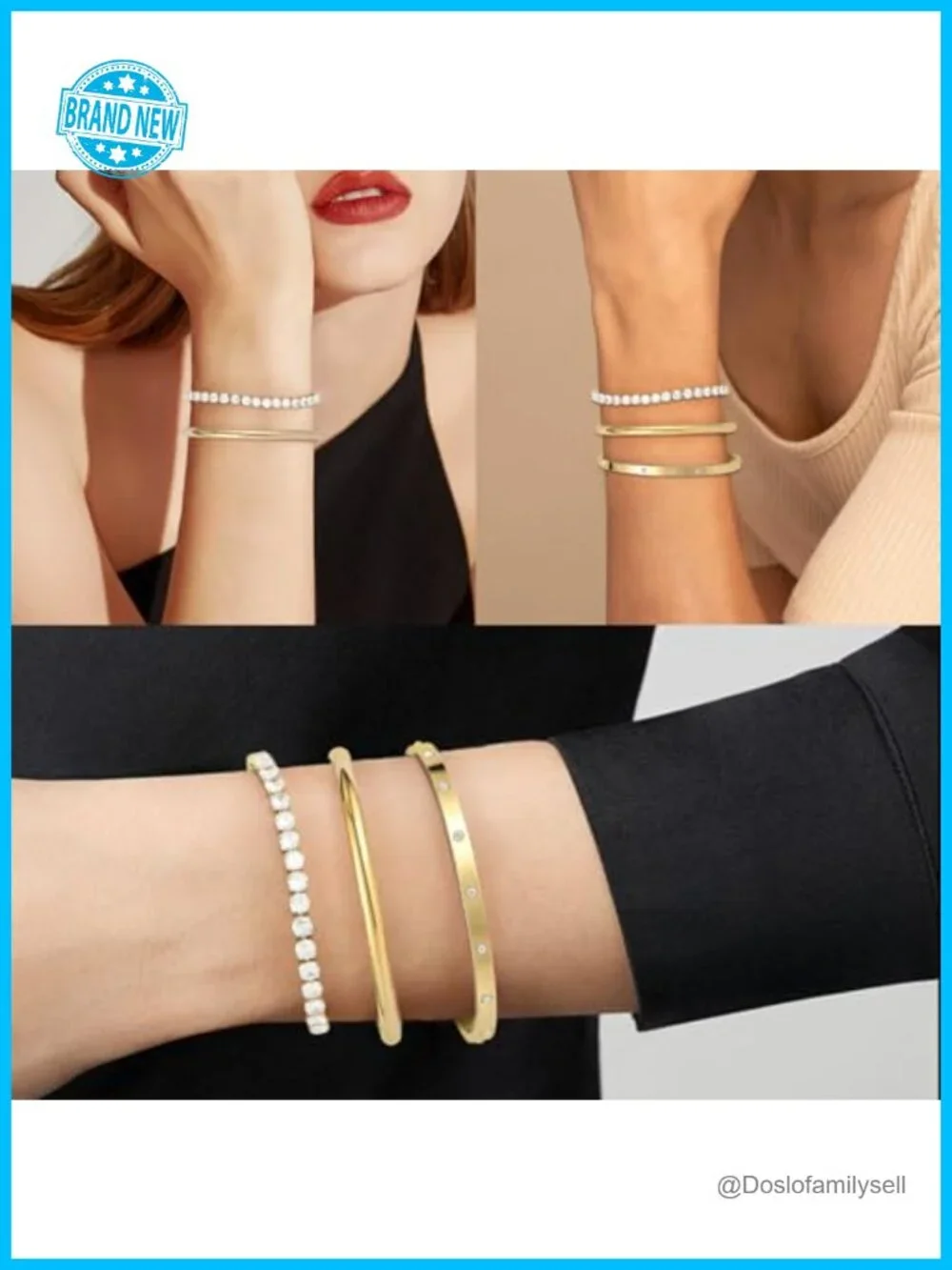 14K Gold Plated Adjustable Slider Cuff Bangle Bracelet Set | Stackable Trendy